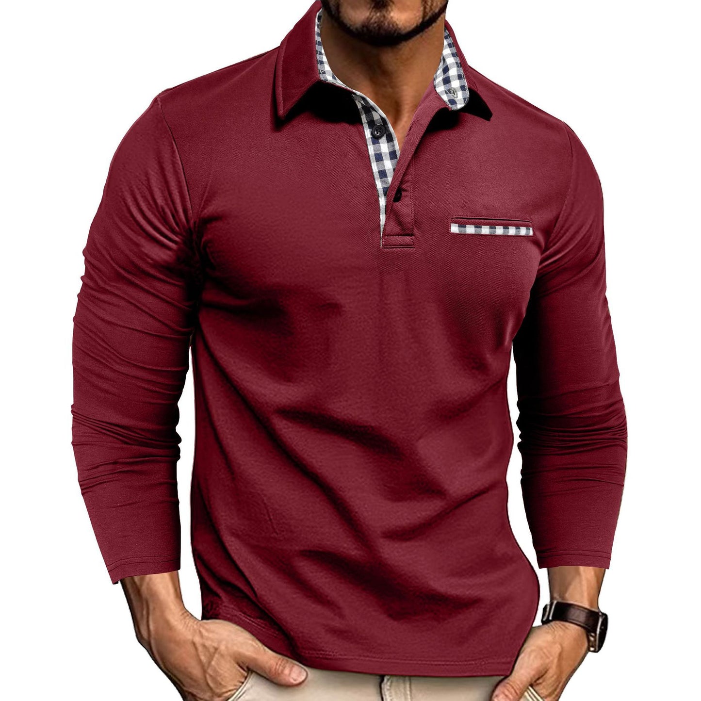 Casual Plaid Splicing Lapel Polo Shirt