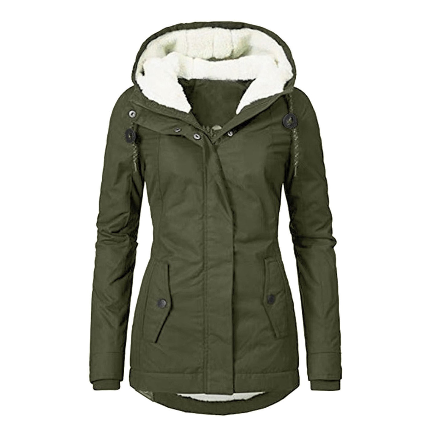 Winter Hooded Jacket Solid Color Warm Buckle Zip-up