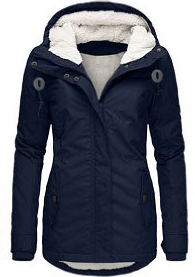 Winter Hooded Jacket Solid Color Warm Buckle Zip-up
