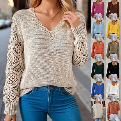 Hollow Knitted Sweater Long-sleeved Pullover V-neck Top