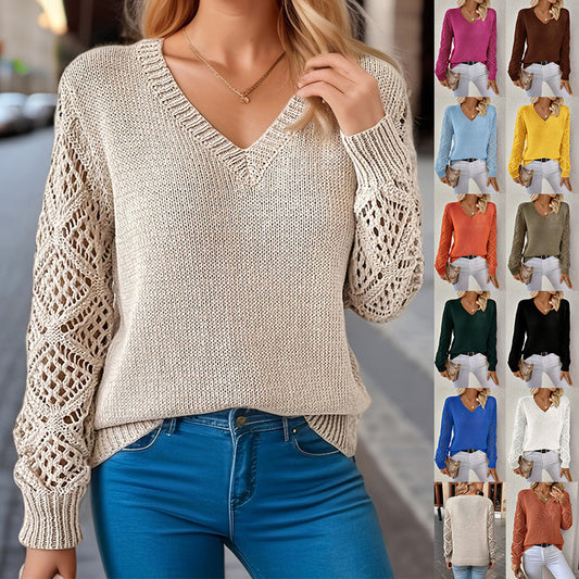 Hollow Knitted Sweater Long-sleeved Pullover V-neck Top