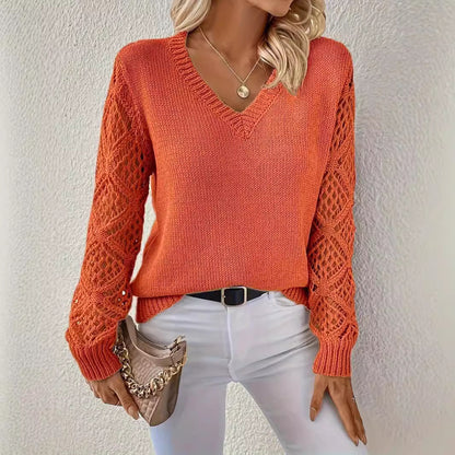 Hollow Knitted Sweater Long-sleeved Pullover V-neck Top
