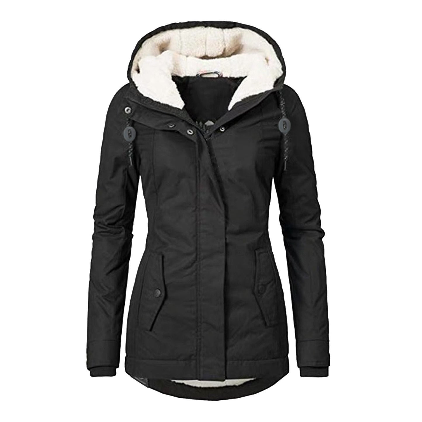 Winter Hooded Jacket Solid Color Warm Buckle Zip-up