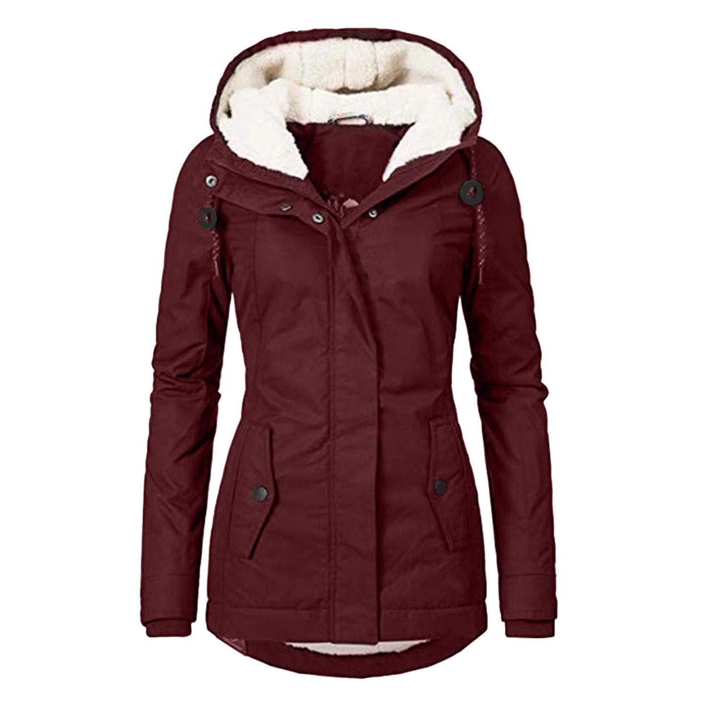 Winter Hooded Jacket Solid Color Warm Buckle Zip-up