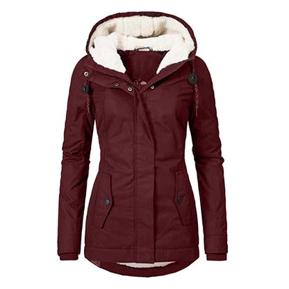 Winter Hooded Jacket Solid Color Warm Buckle Zip-up