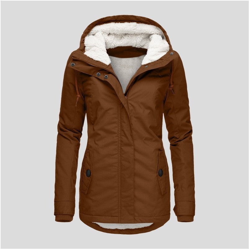 Winter Hooded Jacket Solid Color Warm Buckle Zip-up