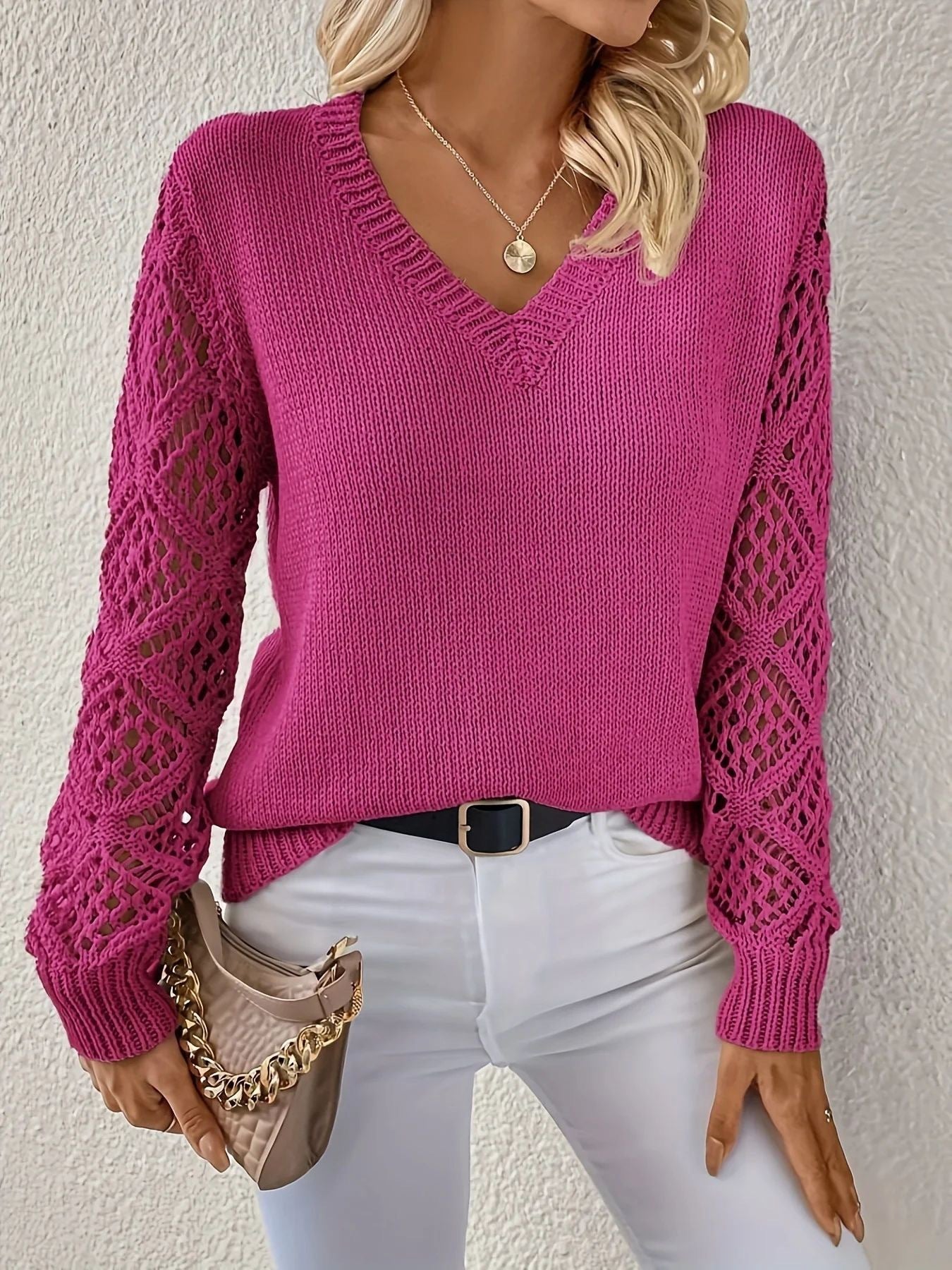 Hollow Knitted Sweater Long-sleeved Pullover V-neck Top