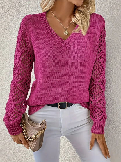 Hollow Knitted Sweater Long-sleeved Pullover V-neck Top