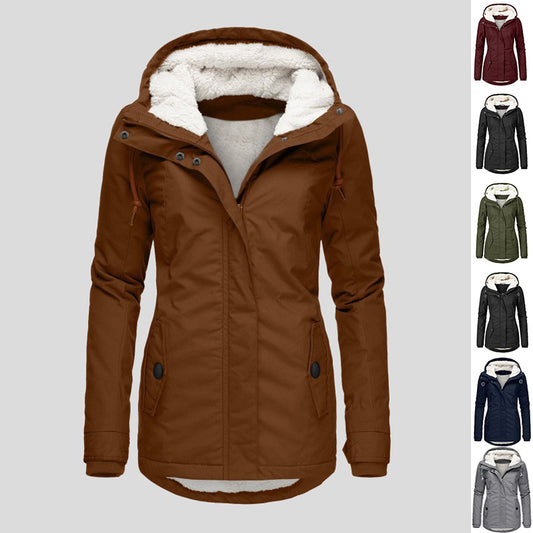 Winter Hooded Jacket Solid Color Warm Buckle Zip-up