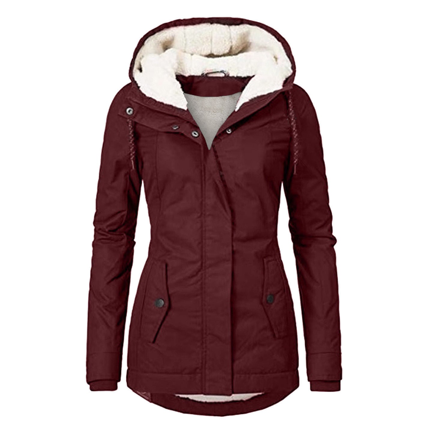 Winter Hooded Jacket Solid Color Warm Buckle Zip-up