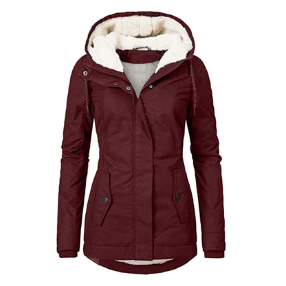 Winter Hooded Jacket Solid Color Warm Buckle Zip-up