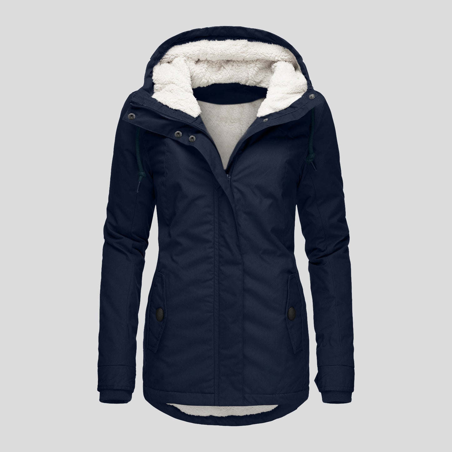 Winter Hooded Jacket Solid Color Warm Buckle Zip-up