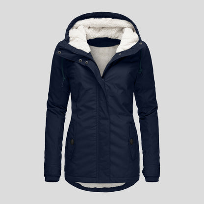 Winter Hooded Jacket Solid Color Warm Buckle Zip-up