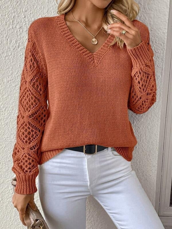 Hollow Knitted Sweater Long-sleeved Pullover V-neck Top