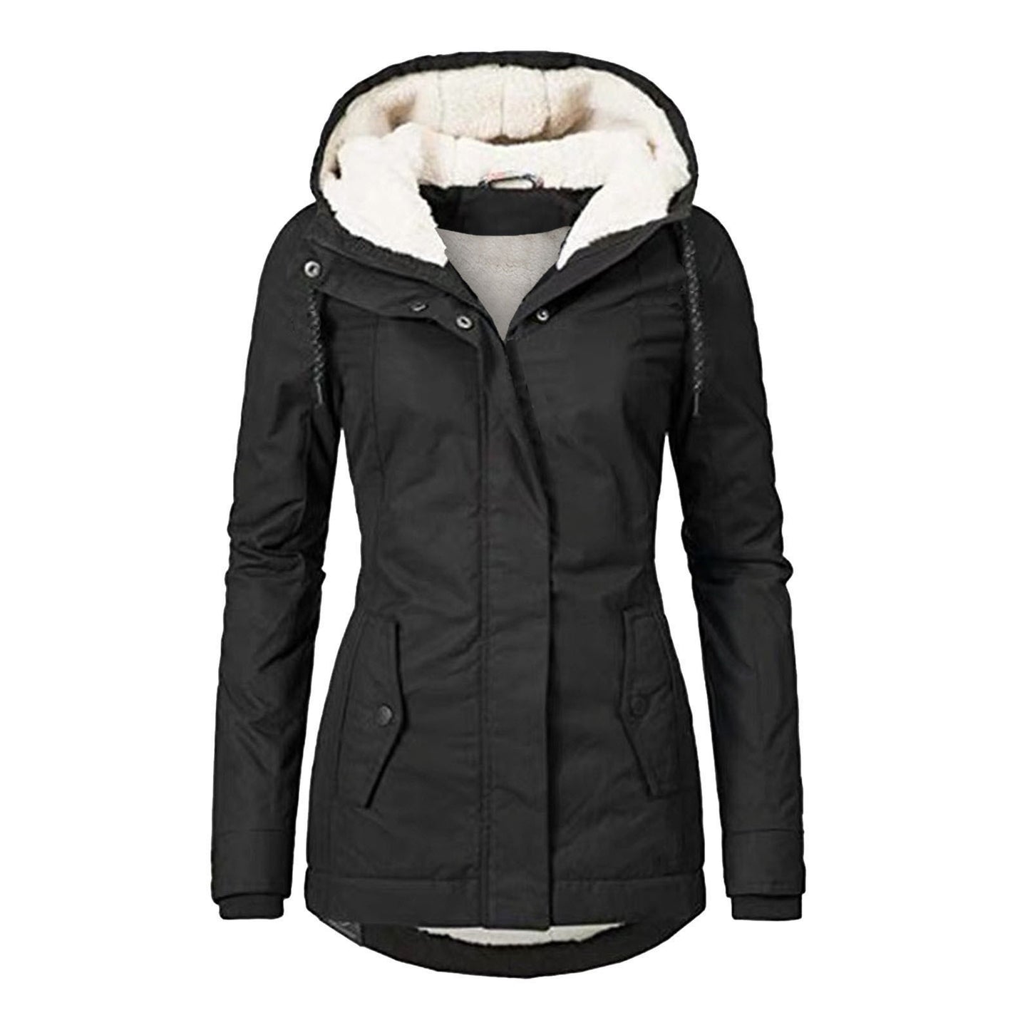 Winter Hooded Jacket Solid Color Warm Buckle Zip-up