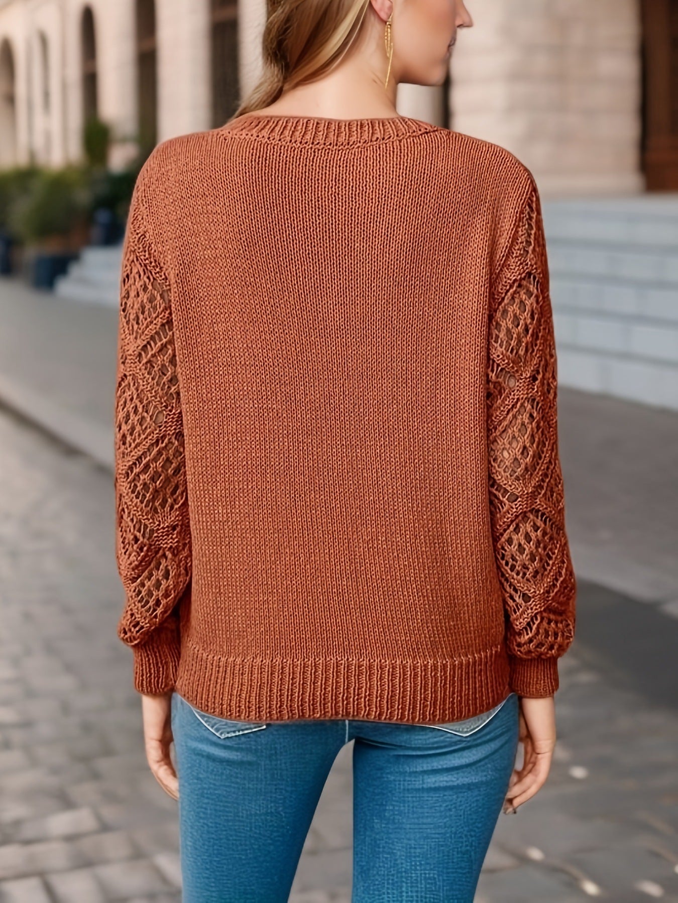 Hollow Knitted Sweater Long-sleeved Pullover V-neck Top