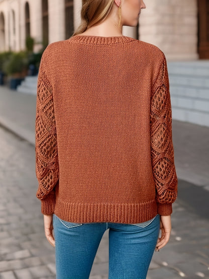 Hollow Knitted Sweater Long-sleeved Pullover V-neck Top
