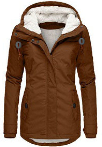 Winter Hooded Jacket Solid Color Warm Buckle Zip-up