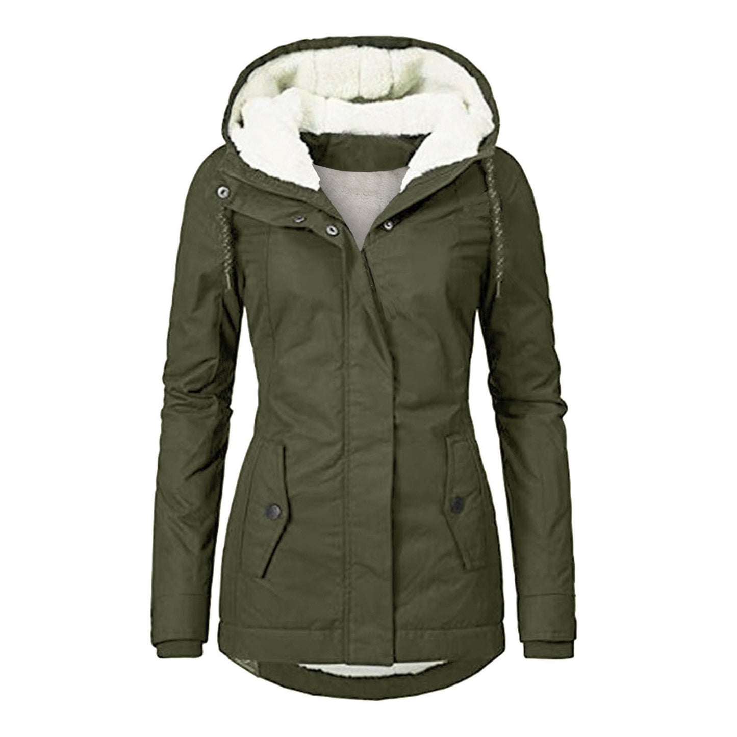 Winter Hooded Jacket Solid Color Warm Buckle Zip-up